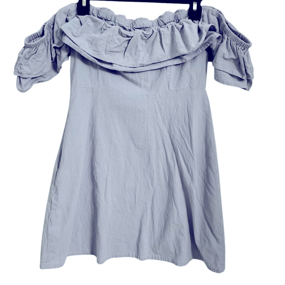 ASOS off-the-shoulder, ruffled mini dress in a grayish-blue color. Sz. 6 - Picture 3 of 8